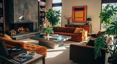 Interior of a cozy living room with a fireplace and orange sofasの素材