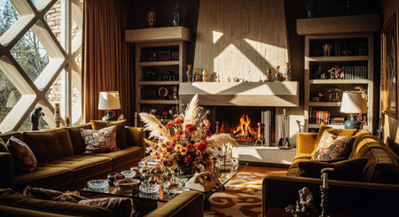 Interior of the living room with a fireplace and a sofa.の素材