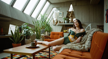 Sexy woman in green lingerie sitting on sofa and drinking coffee.の素材