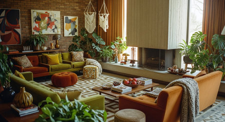 Interior of a modern living room with orange and brown sofasの素材