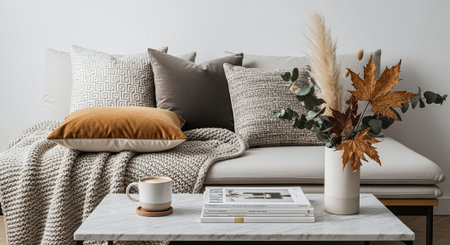 Modern living room interior with comfortable sofa, coffee cup and book on tableの素材
