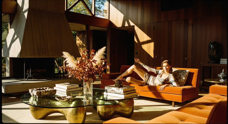 Young woman relaxing on sofa in living room at home. She is reading a book.の素材