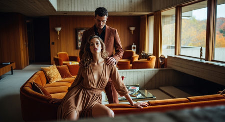 Couple in love. Handsome young man in beige suit and beautiful woman in brown dress sitting on sofa in cafeの素材