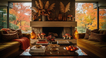 Interior of cozy living room with fireplace, autumn leaves and fall decorationの素材