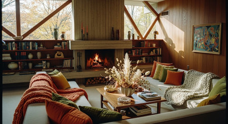 Interior of a cozy living room in a Scandinavian style with a fireplaceの素材