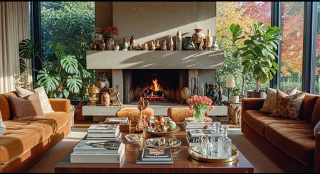 Interior of a modern living room with fireplace, furniture and plantsの素材