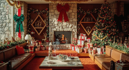 Christmas interior with fireplace and christmas tree. Decorated living room.の素材