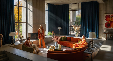 Interior of a modern living room with orange sofa and orange curtainsの素材