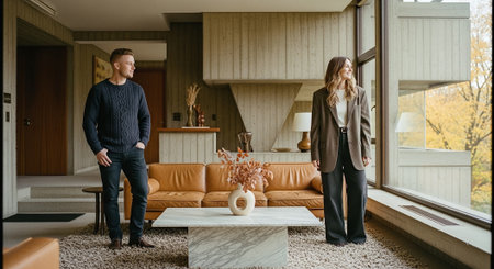 Young couple standing in front of the window in the modern living roomの素材