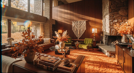 Interior of a modern living room with a fireplace and a sofa.の素材