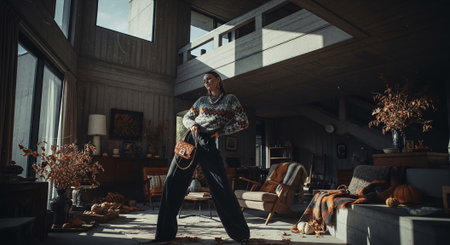 Handsome man in knitted sweater and jeans posing in loft interiorの素材