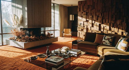 Interior of a hotel room with a fireplace and armchairs.の素材