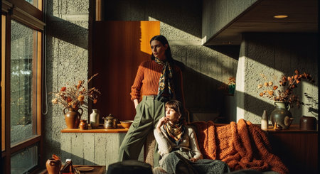 Young man and woman sitting on sofa in living room at home.の素材
