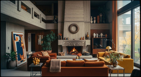 Interior of living room with fireplace and orange sofa. 3d renderの素材