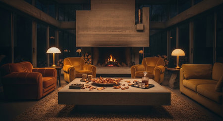 Interior of a cozy living room with a fireplace and orange armchairsの素材