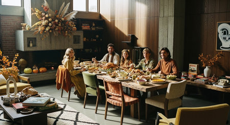 Group of friends sitting at the dining table and eating in the restaurantの素材