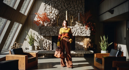 Fashionable woman in a stylish knitted sweater in a modern interior.の素材