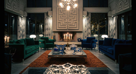 Luxury hotel lobby interior with blue armchairs and sofasの素材