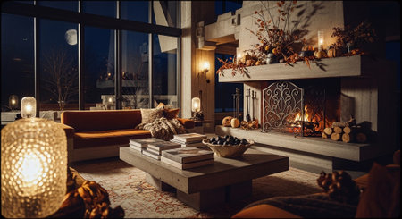 Interior of cozy living room with fireplace and burning candles at nightの素材