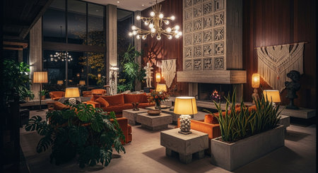 Interior of a living room with furniture and plants. 3d renderingの素材