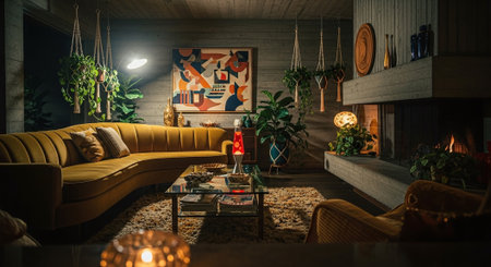 Interior of a cozy living room with a yellow sofa, a table and a fireplaceの素材