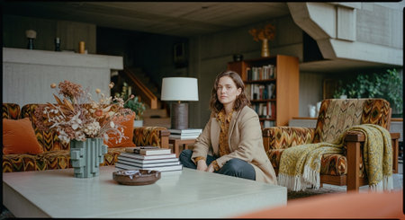 Beautiful young woman sitting at the table with books in a cafeの素材