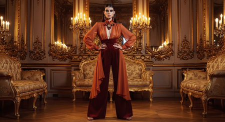 Fashion shot of a beautiful woman posing in luxurious apartments. Classic interior.の素材