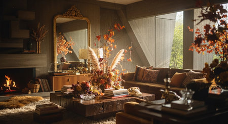 Interior of a modern living room with a fireplace, wooden furniture and flowersの素材