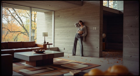 Beautiful young woman in a stylish apartment in the fall. The girl is dressed in a gray jacket and trousers.の素材