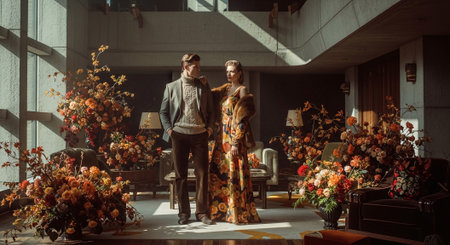 Man and woman in the interior of a modern apartment with flowers.の素材
