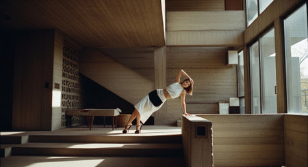 Young attractive woman doing yoga exercises on the stairs in the gym.の素材