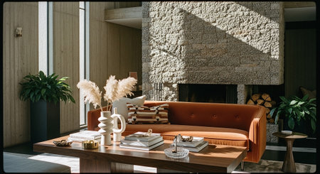 Living room with orange sofa, coffee table and books. 3d renderingの素材