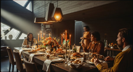 Happy family having a festive dinner at home in the living room.の素材