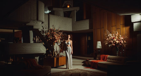 Beautiful woman in white lingerie posing in luxurious interior. Mixed mediaの素材