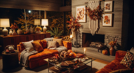 Beautiful cozy living room decorated for Halloween. Decorated with pumpkins and candles.の素材