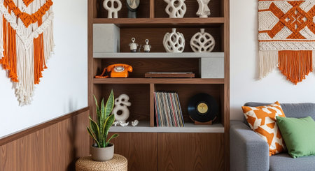 Interior of modern living room with wooden bookcase, bookshelf and decorの素材