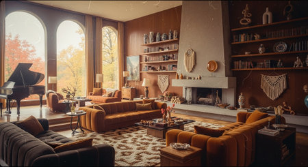 interior of the living room with a fireplace and a cozy sofaの素材
