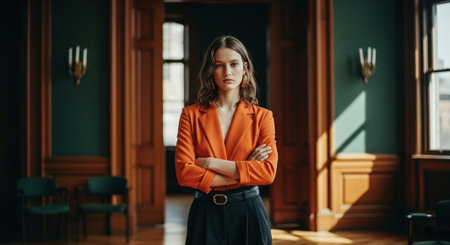 Portrait of a beautiful young woman in an orange jacket and black skirt standing with her arms crossed.の素材