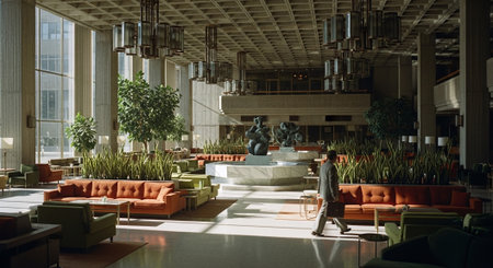 Interior of a modern office building with a sofa and plants.の素材