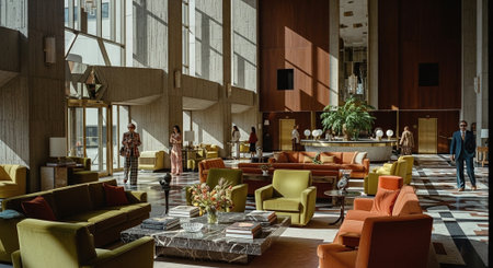 Interior of a modern hotel lobby with orange armchairs and sofasの素材