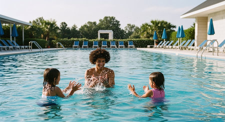 A joyful scene of a man and two young girls playing in a sunlit hotel pool, sharing laughter as water splashes around. Perfect for family, summer, vacation, or activity themes.の素材