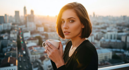 Woman with short hair holding a coffee cup on a rooftop at sunset.の素材