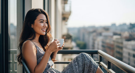 A young woman sitting on a balcony, enjoying a cup of coffee, smiling, with a cityscape in the background, sunlight illuminating her faceの素材