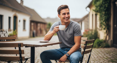 A young man sitting at an outdoor cafÃ©, smiling while holding a cup of coffee, with cobblestone streets and quaint buildings in the backgroundの素材