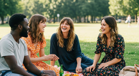 A group of friends enjoying a picnic in a park, laughing and sharing food, surrounded by greeneryの素材