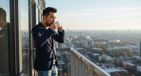 A man in a blazer enjoying a cup of coffee on a balcony overlooking a city skyline during sunsetの素材
