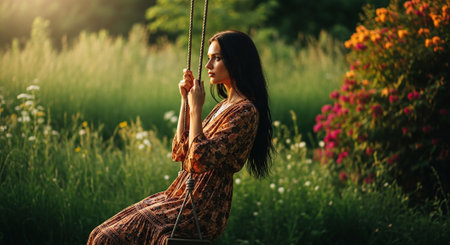 A young woman sitting on a swing in a lush garden, surrounded by colorful flowers and greenery, with soft sunlight illuminating the sceneの素材