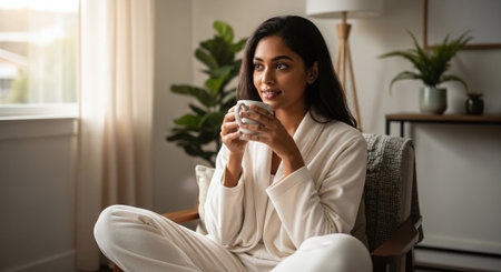 A woman sitting comfortably in a cozy chair, holding a cup of coffee or tea, dressed in white pajamas, with a serene expression, surrounded by indoor plants and natural lightの素材