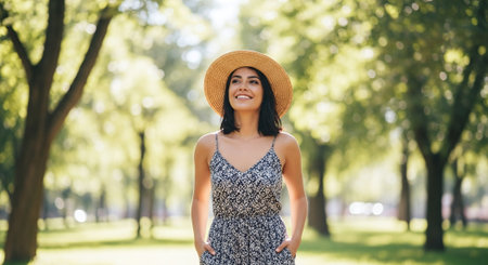 A young woman wearing a straw hat and a floral dress, standing in a sunlit park surrounded by trees, smiling and enjoying the outdoorsの素材