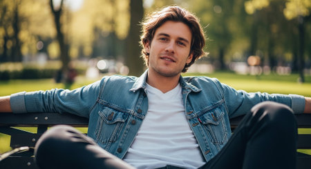 A young man sitting on a park bench, wearing a denim jacket and white t-shirt, relaxed expression, sunny day with green trees in the backgroundの素材